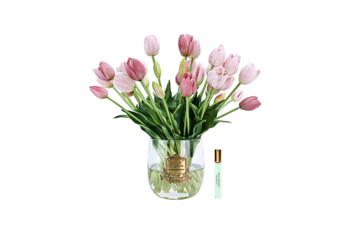 Heritage Tulips - Clear Vase with Gold Badge - Pink - HT02