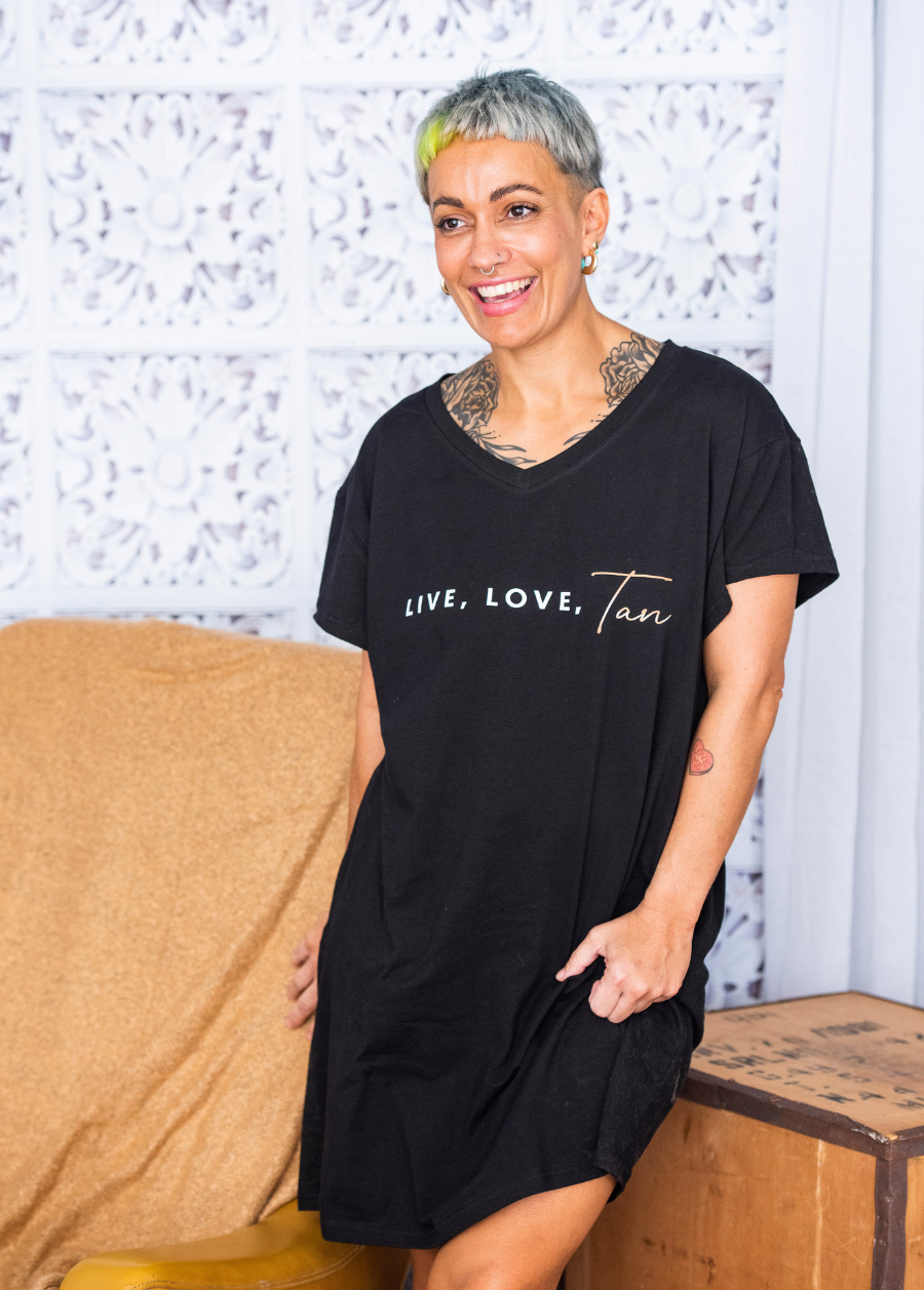 Tanning T-Shirt Dress – Live, Love, Tan