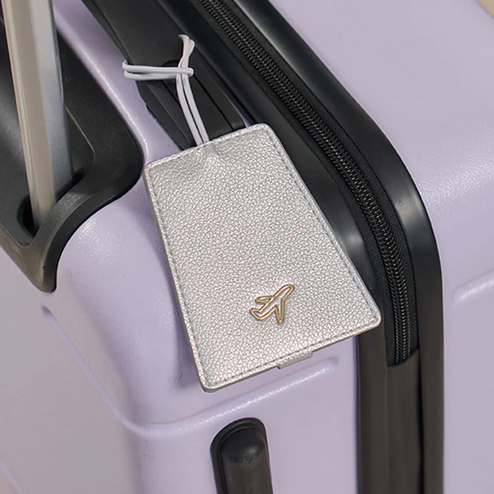Luggage Tags Silver or light pink with aeroplane symbol