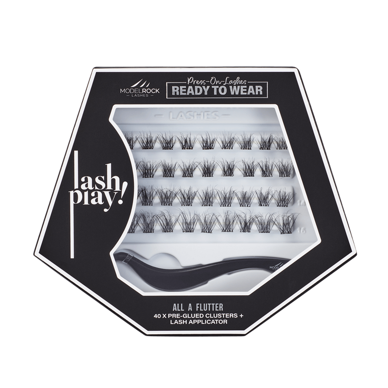 LASH PLAY Ready to Wear Pre-Glued Box Set - &#39;ALL A FLUTTER&#39; - 40 x Cluster + Lash Applicator - Mixed Lengths