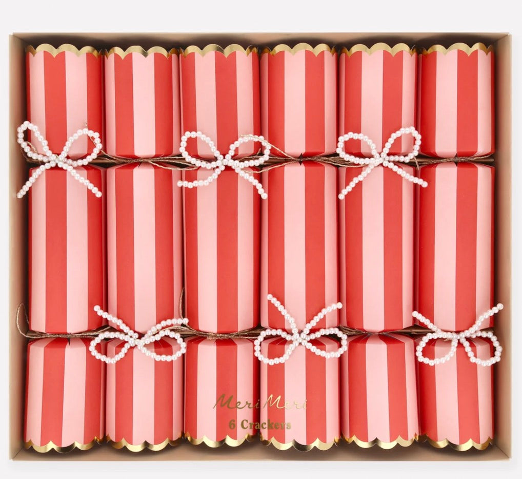 Meri Meri Christmas Crackers - stripe with pearl bows