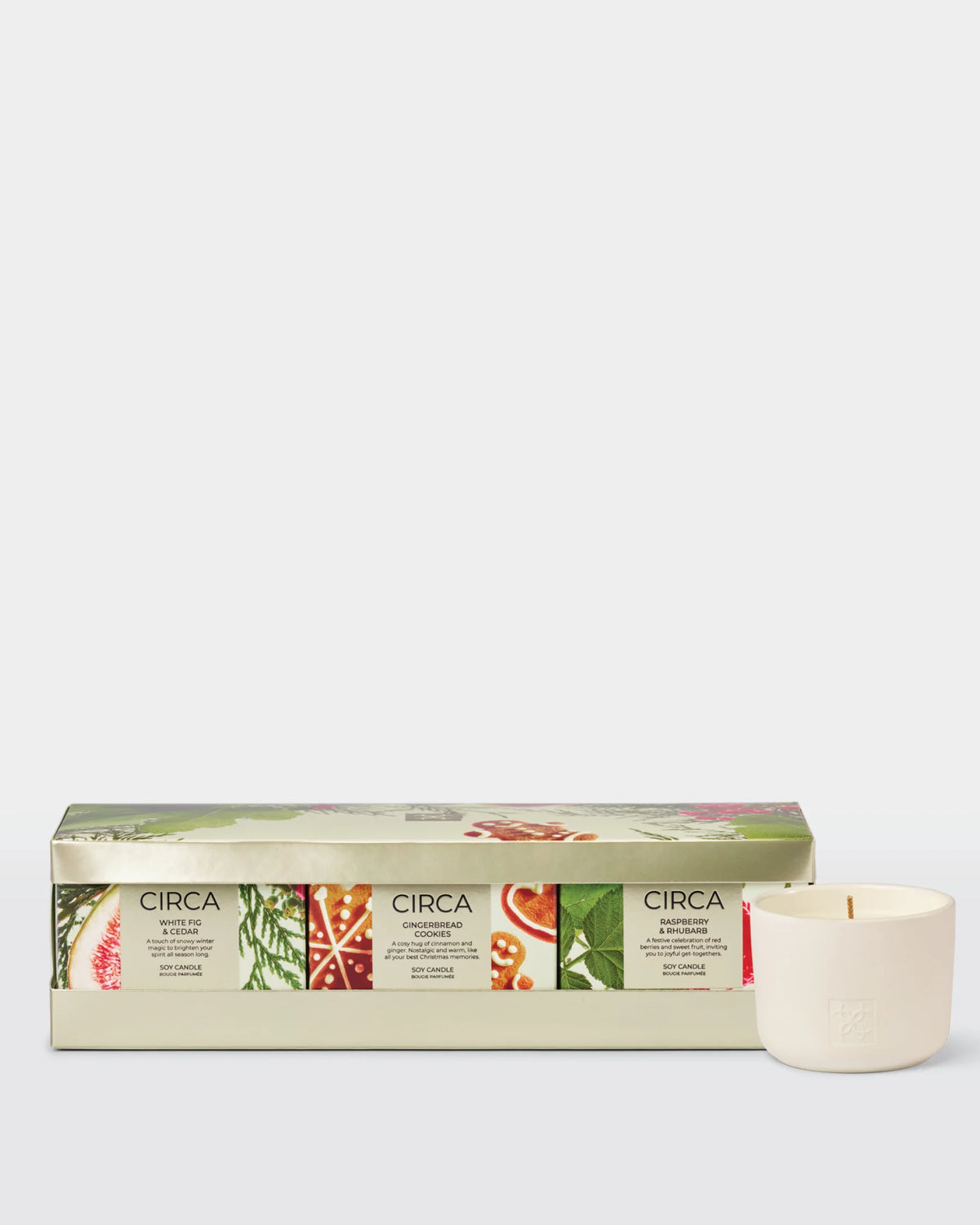 CIRCA 3x70g Candle Trio - RASPBERRY & RHUBARB, WHITE FIG & CEDAR, GINGERBREAD COOKIES