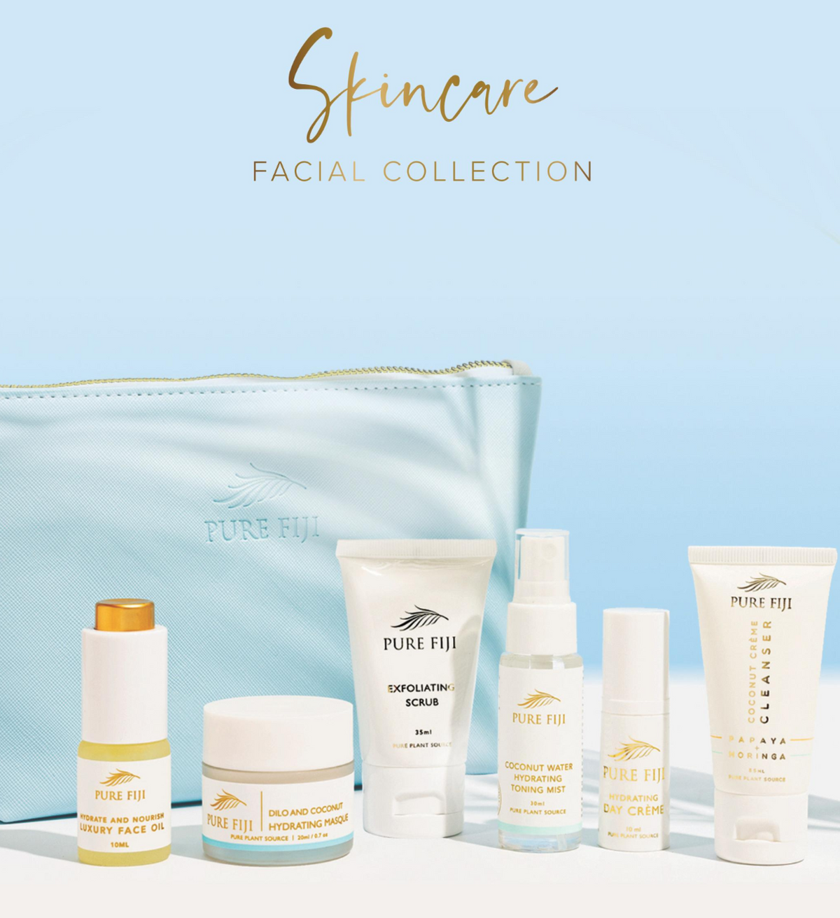 Hydrate + Recharge Facial Kit with 6 Pure Fiji skincare products.